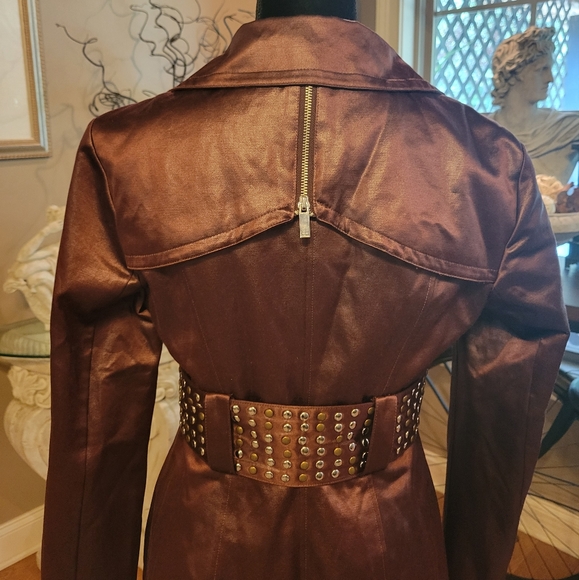 Bebe Studded Trench Coat in Burgundy. Satin Touch Fabric. Fully Lined. Size M. - Picture 4 of 14